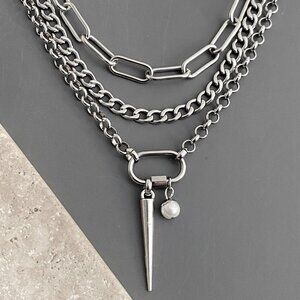 NEW 3 layered silver necklaces, steel NON-TARNISH CHAIN, plated SPIKE PEARL goth